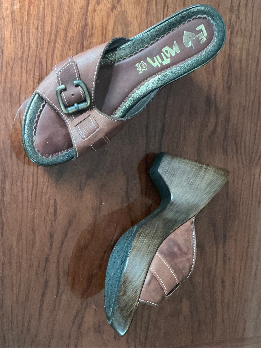 Brown Leather Slide Wedge Sandals